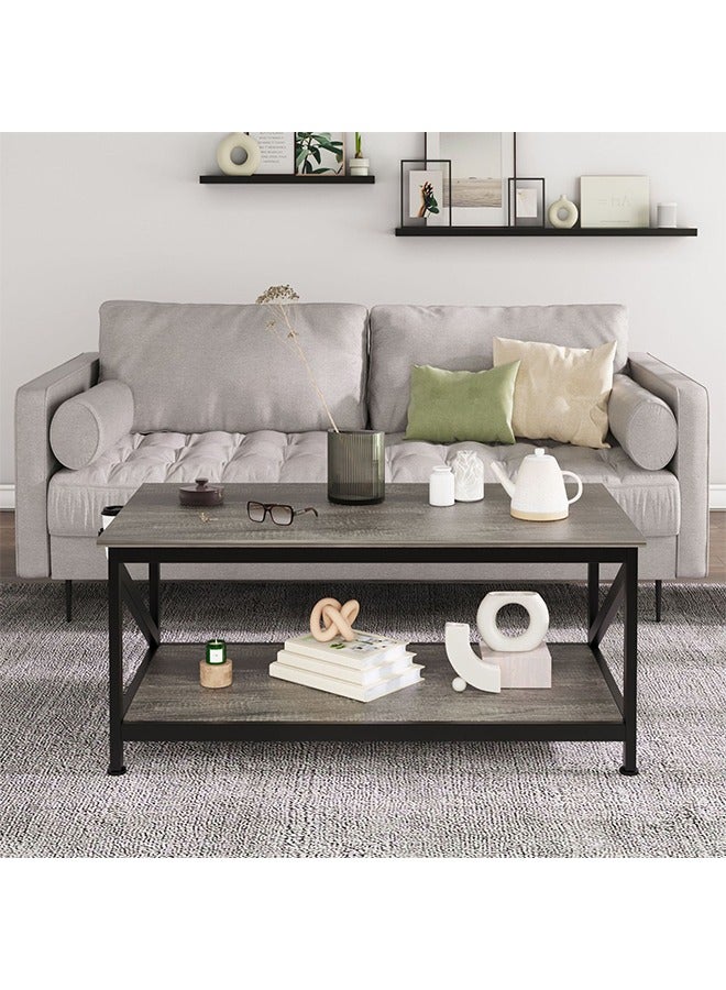 Modern Coffee Table with 2-Tier Storage & Metal Frame, Industrial Style Living Room Center Table End Table with Wooden Top, Multifunctional Tea Table, Side Table for Small Space, Office (100x55x43.5cm) - Image 2